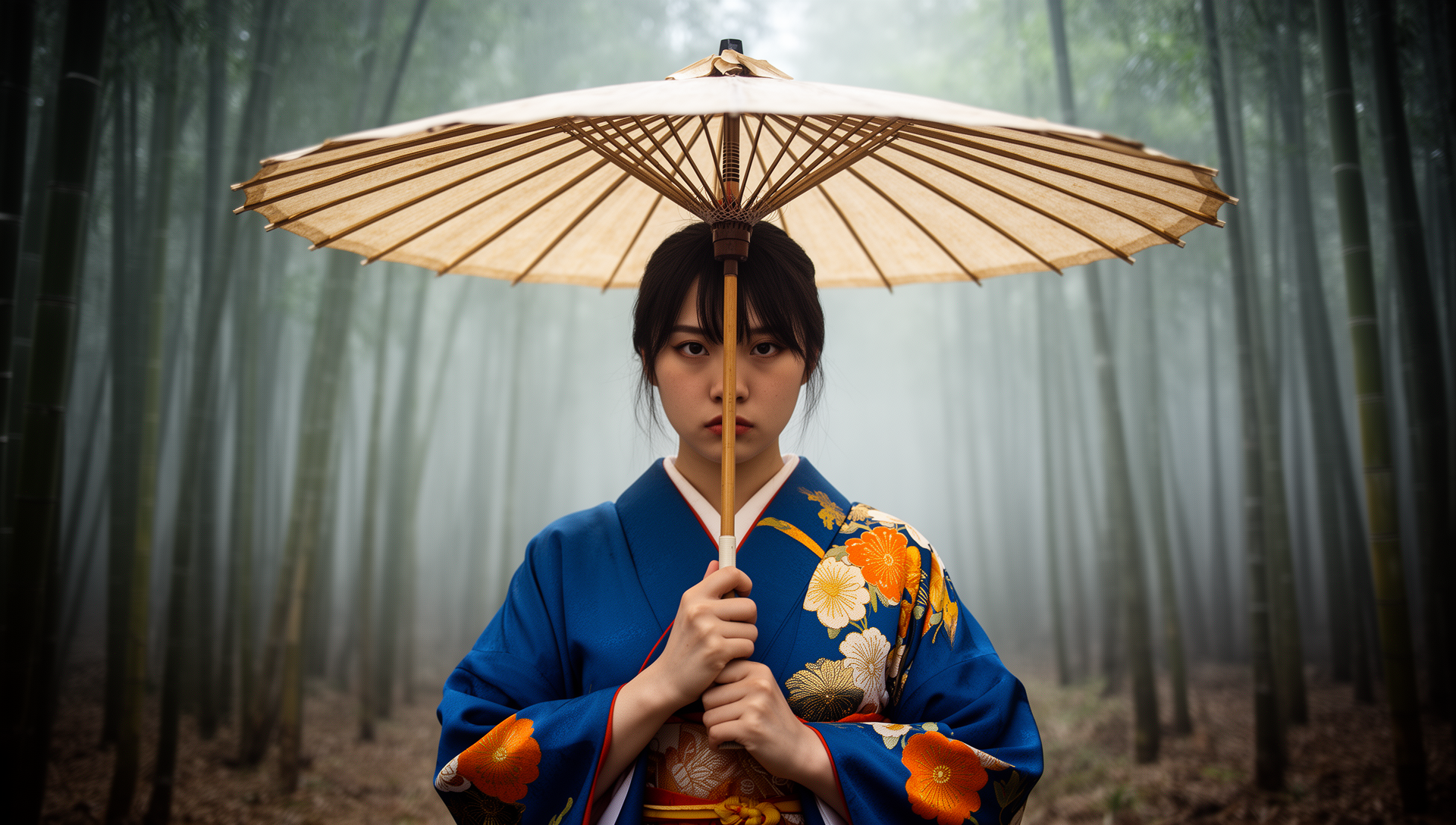 Nel silenzio rarefatto della foresta di bambù, una figura sospesa tra tradizione e mistero. L'eleganza del kimono e la luce dell'ombrello trasformano la scena in un ritratto senza
tempo.