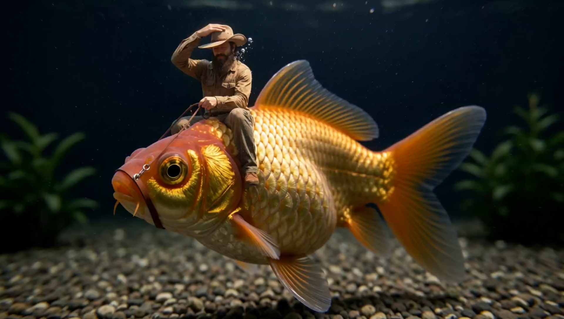 Un rodeo impossibile prende vita sotto la superficie, tra ironia western e meraviglia
acquatica.
Il pesce rosso diventa una cavalcatura epica, trasformando l'acquario in un'avventura fuori
scala.