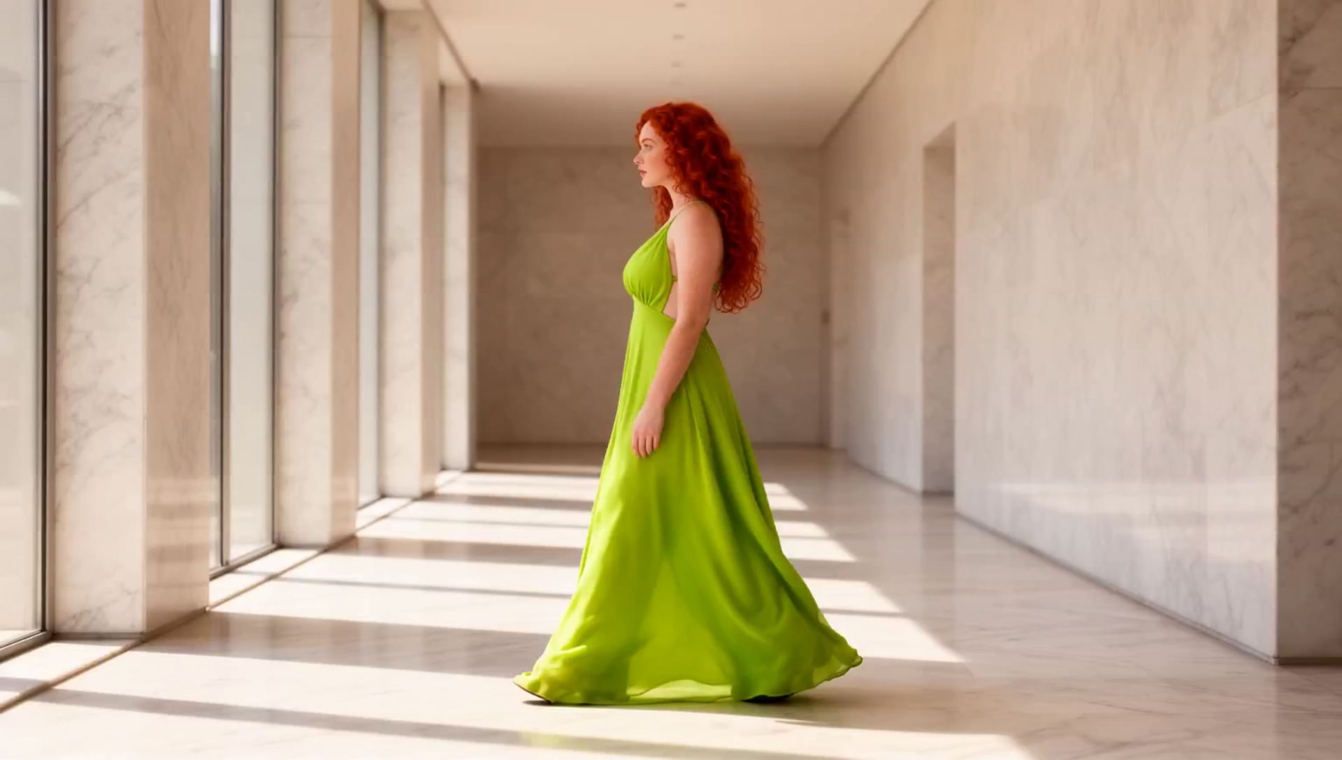 Un'immagine sospesa tra architettura essenziale e presenza scenica, dove la luce guida lo sguardo.
Il verde acceso dell'abito diventa il fulcro visivo di una composizione elegante e
contemporanea.
