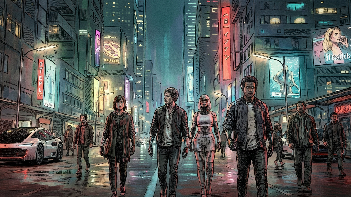 Una metropoli notturna prende forma tra neon, pioggia e atmosfere cyberpunk.
Lo stile illustrato trasforma la scena urbana in un racconto futuristico dal taglio
cinematografico.